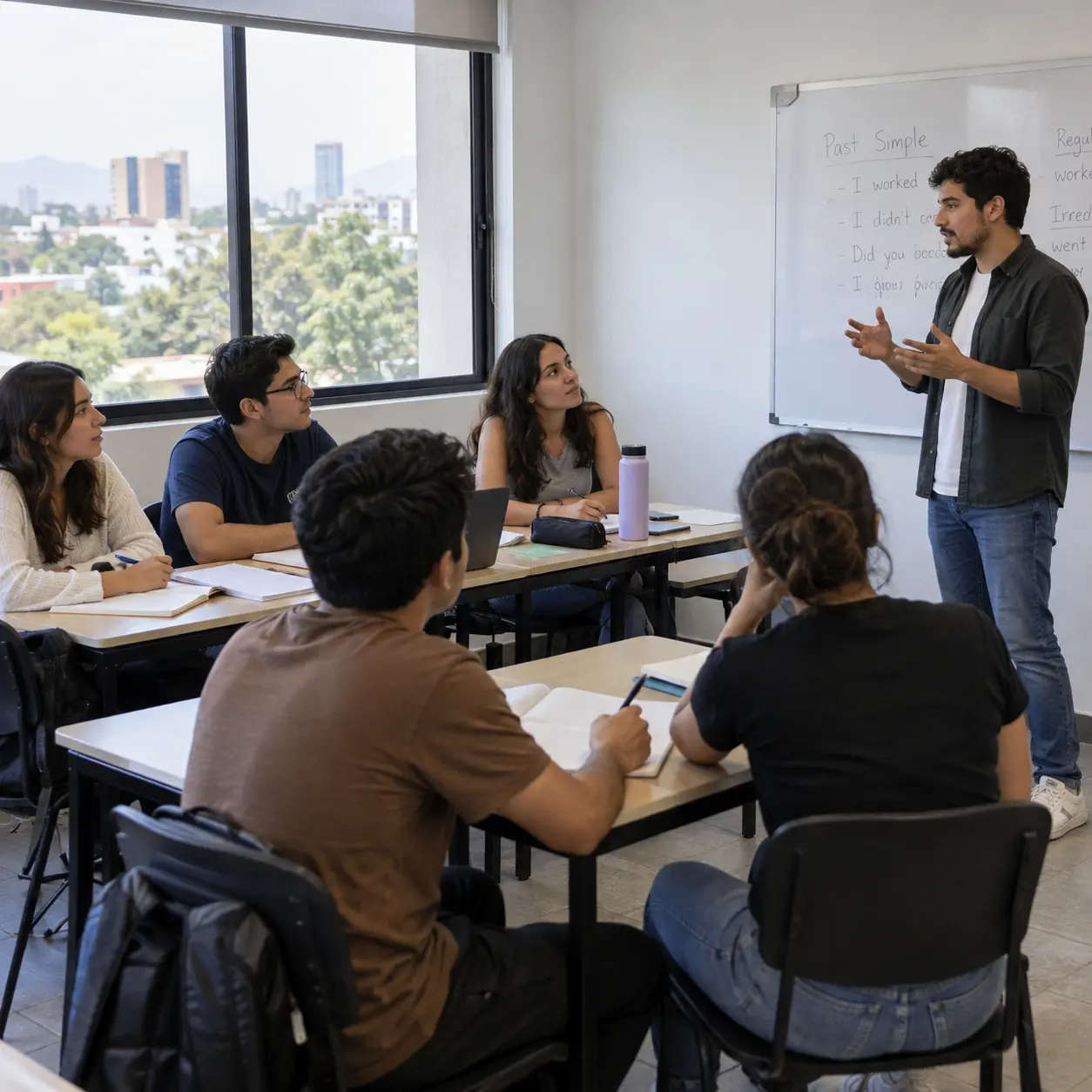 Grupo de estudiantes adultos en una clase práctica con su docente