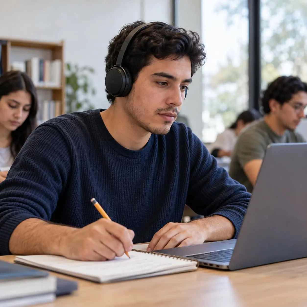 Estudiante concentrado en una práctica de comprensión auditiva