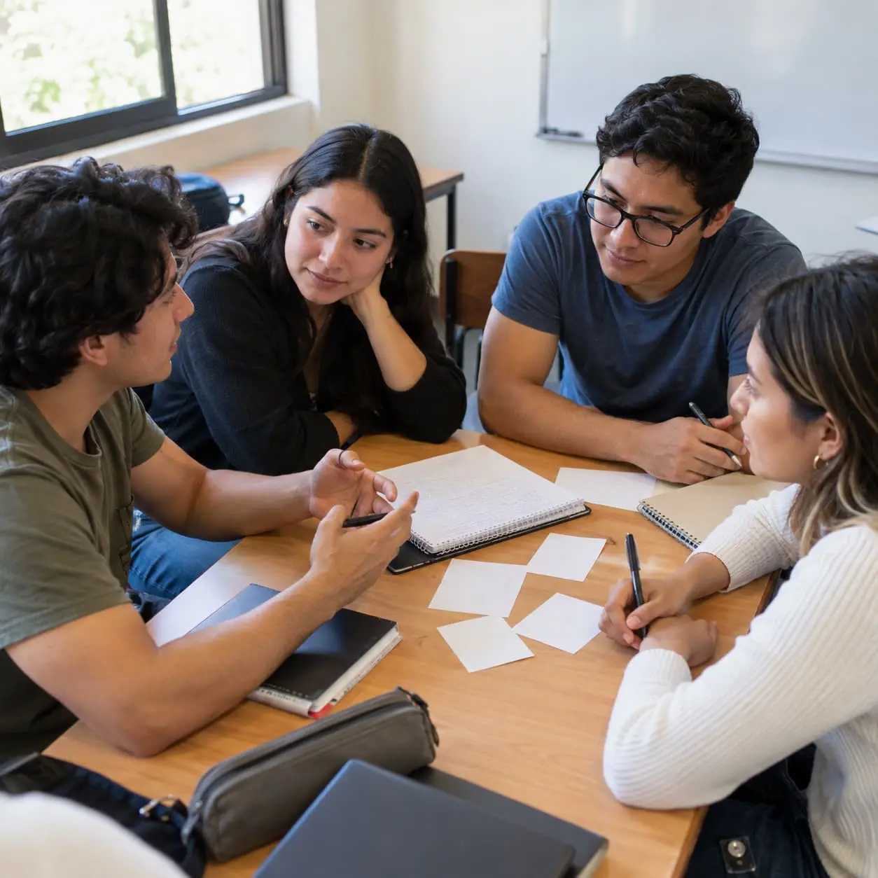 Equipo de estudiantes adultos trabajando en una actividad colaborativa